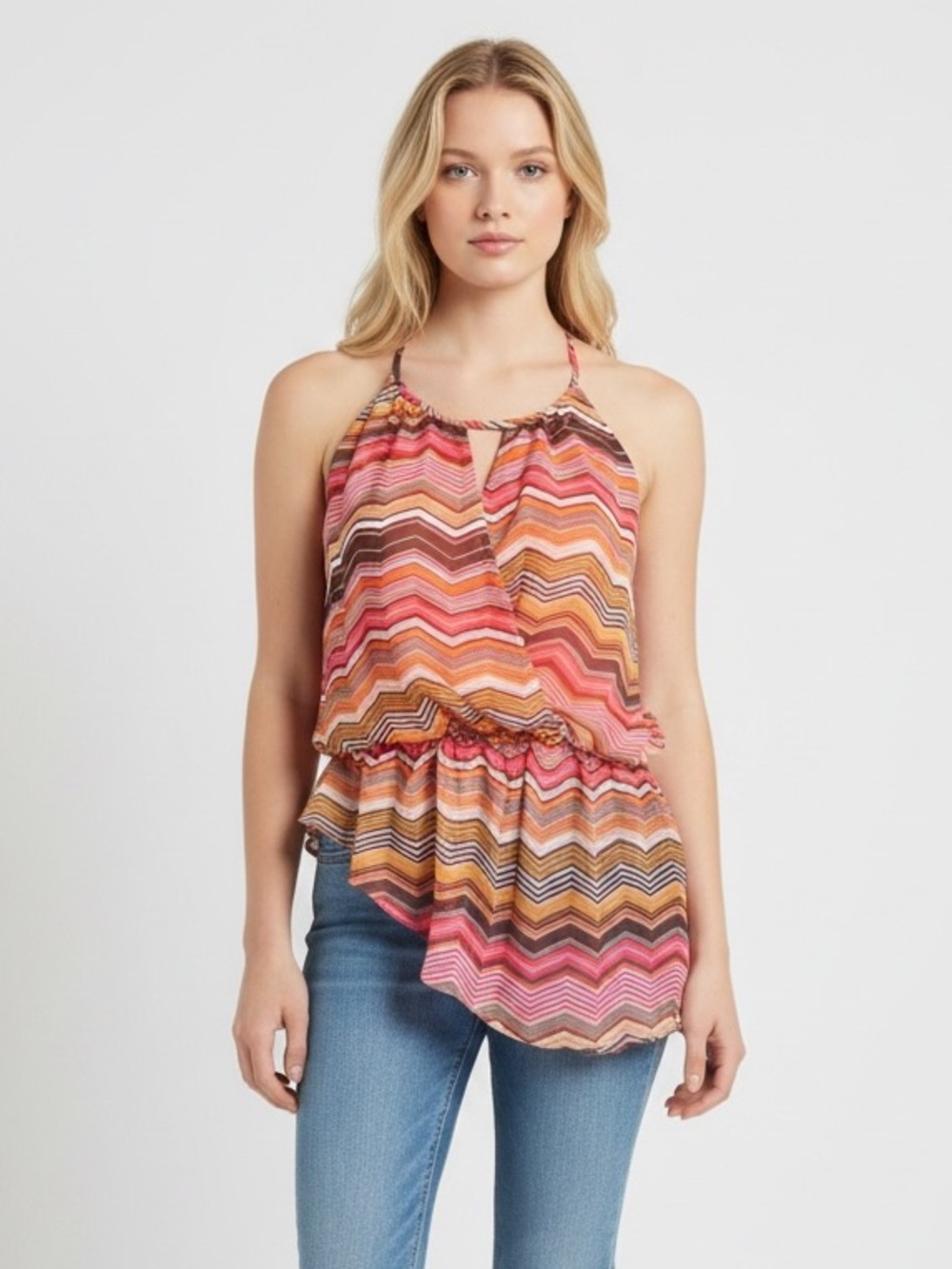 Y2K Self Esteem Pink Orange and Brown Chevron Halter Tank Top